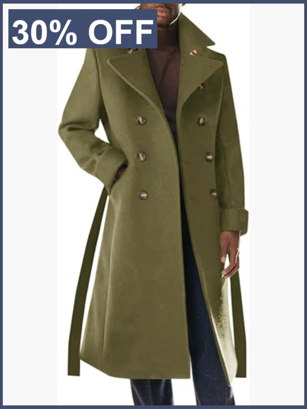 Mens Double Breasted Wool Blend Peacoat Winter Overcoat Notch Lapel Belted